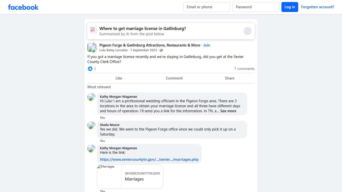 Pigeon Forge & Gatlinburg Attractions, Restaurants & More If you got a marriage license recently and we're staying in Gatlinburg, did you get at the Sevier County Clerk Office Facebook